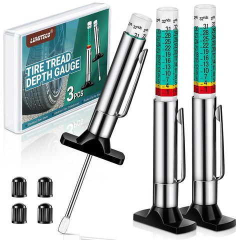 Three Pack Tire Tread Depth Gauge Set With Color Coded Readouts In Thirty Second Inch Increments For Quick Car And Semi Truck Tire Wear Checks No Fuss Easy To Read And Accurate Tread Depth Tool Includes Extra Valve Caps