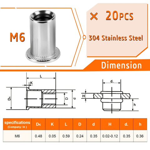 Heavy Duty Rivet Nut Tool Kit For Easy Installation Hand Riveter With Drill Bit And M6 Rivet Nuts Includes Flat Head Screws DIY Friendly Durable Steel Construction Corrosion Resistant Perfect For Automotive Marine And Home Projects, M6 304 stainless steel rivet nut dimensions and specifications.