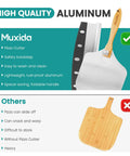 Comparison between aluminum pizza peel with foldable handle and wooden peel highlighting features of 'Aluminum Pizza Peel And Rocker Cutter Set 12 By 14 Inch With Foldable Wooden Handle Lightweight Stainless Steel Finish Pizza Paddle For Oven And Outdoor Pizza Maker No Fuss Sliding And Lifting Includes Storage Bag'.
