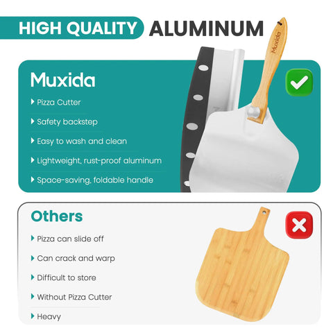 Comparison between aluminum pizza peel with foldable handle and wooden peel highlighting features of 'Aluminum Pizza Peel And Rocker Cutter Set 12 By 14 Inch With Foldable Wooden Handle Lightweight Stainless Steel Finish Pizza Paddle For Oven And Outdoor Pizza Maker No Fuss Sliding And Lifting Includes Storage Bag'.