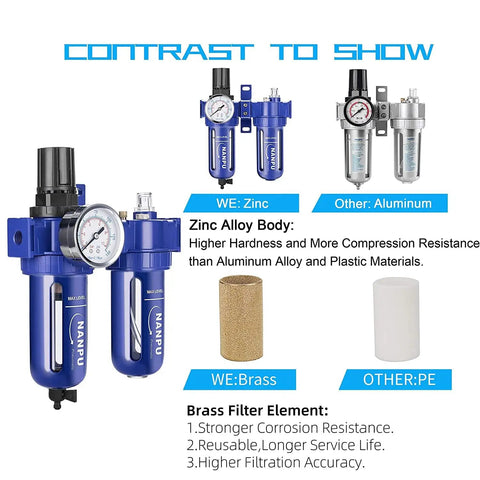 One Half Inch NPT Air Filter Regulator Lubricator Combo FRL With Zinc Alloy Body, 5 Micron Brass Element, comparison illustration
