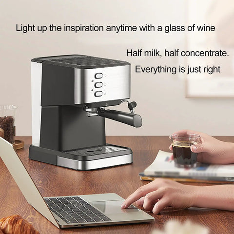 Next Level Counter Slick Semi Automatic Espresso Machine Featuring Precision Temperature Control And Pro Milk Frothing Steam Wand Pumps Out Crisp Brews For Your Daily Grind on a wooden table with a laptop.