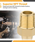4 Pack Brass Hose Barb Fittings 1/4 Inch Barb To 1/8 NPT Male Thread Air Hose Fittings Quick Coupler M Type Adapter Connector Beefy Durability 300 PSI Max Minus 40 To 160 F Durable CA360 Brass installed example and close-up view of threaded fitting.