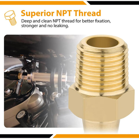 4 Pack Brass Hose Barb Fittings 1/4 Inch Barb To 1/8 NPT Male Thread Air Hose Fittings Quick Coupler M Type Adapter Connector Beefy Durability 300 PSI Max Minus 40 To 160 F Durable CA360 Brass installed example and close-up view of threaded fitting.