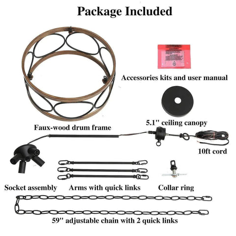 Farmhouse Drum Chandelier With Faux Wood Finish package contents, including open-frame, chain, canopy, and accessories.