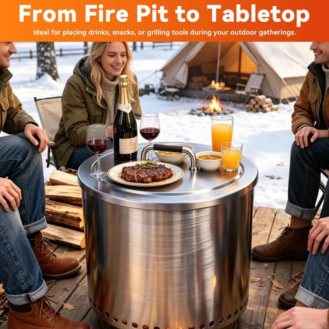 Round 19.5 Inch Fire Pit Lid For Bonfire 2.0 And 1.0 Smokeless Pits 304 Stainless Steel With Heat Resistant Handle as tabletop