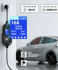 No Sweat Portable Ev Charger With Level 1 And 2 Dual Voltage Setup, Ip54 Rated Waterproof Housing, Clear Lcd Readout, 17 Foot Sae J1772 Cord, Legit Fast Charging Power For Daily Drives charging with LCD showing settings.