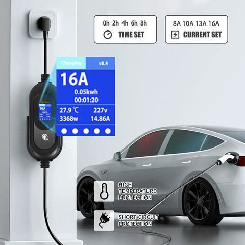 No Sweat Portable Ev Charger With Level 1 And 2 Dual Voltage Setup, Ip54 Rated Waterproof Housing, Clear Lcd Readout, 17 Foot Sae J1772 Cord, Legit Fast Charging Power For Daily Drives charging with LCD showing settings.
