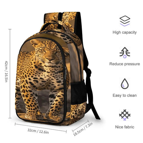 Wild Leopard Print Backpack For Everyone with large capacity, durable polyester, and smooth zipper, unisex design.