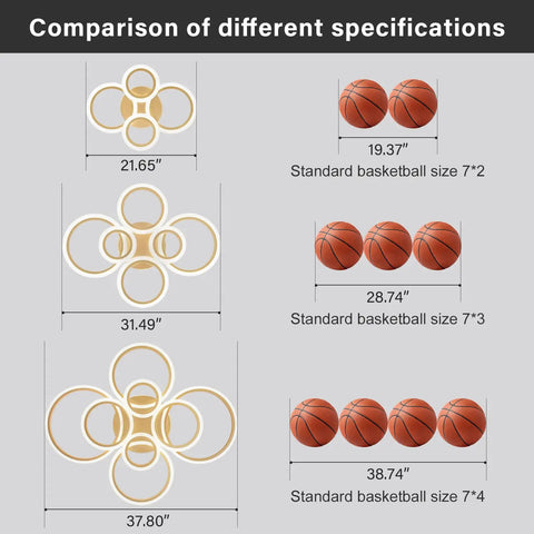Modern LED Ceiling Light With Six Ring Gold Finish Flush Mount Fixture 4000K Neutral White Lighting comparison chart with basketballs for size reference