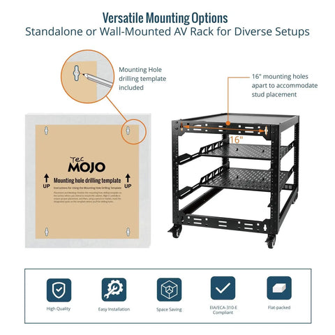 12U Open Frame Network Rack On Wheels With 4 Posts For IT And AV Gear, Mobile Steel Cabinet, mounting template shown