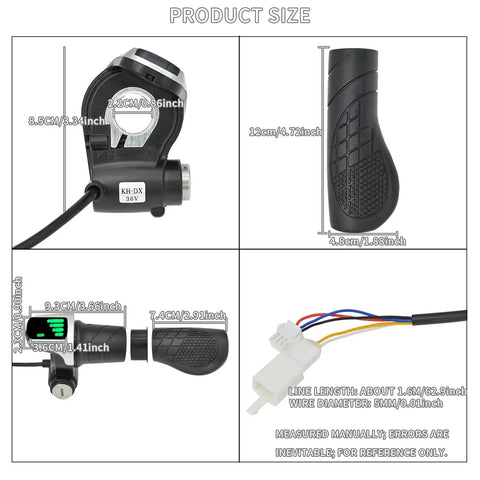 36V Twist Grip Throttle With LCD Power Display And Key Lock showing dimensions and wiring details, universal fit for e bikes scooters motorcycles