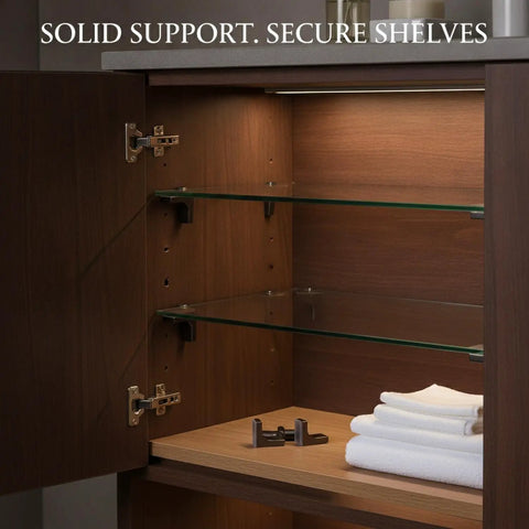 Multipurpose Zinc Alloy Shelf Supports For Glass And Wood Shelves in cabinet with folded towels, showcasing mounting hardware.