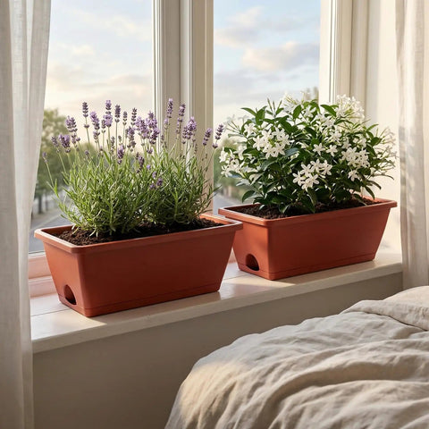 Red Window Box Planters 7 Pack Rectangular Plastic Flower Pots With Saucers For Indoor Outdoor Garden on windowsill
