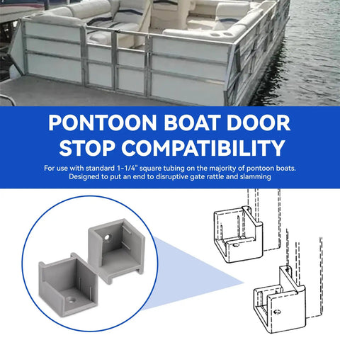 Image showing pontoon boat with Heavy Duty Pontoon Gate Door Stop Kit With Left And Right Hinge Anti Rattle Door Stopper for 1-1/4 in tubing.
