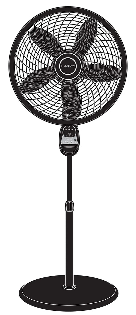 Oscillating Cyclone Pedestal Fan With Remote, 18-Inch Black Standing Fan, adjustable height, shown in full front view.