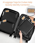 Four Pack Compression Packing Cubes For Travel Lightweight Expandable Luggage Organizers Space Saver displaying luggage tags in suitcase
