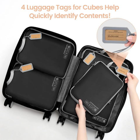 Four Pack Compression Packing Cubes For Travel Lightweight Expandable Luggage Organizers Space Saver displaying luggage tags in suitcase