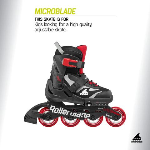 Microblade Kids Adjustable Fitness Inline Skates Four Size System For Beginners To Juniors Sleek Black And Red Shell