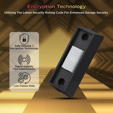 Replacement Wall Mount Garage Door Button With LED Light For 1995 To Current 29599S Wired Series II Wall Consoles Plug And Play Easy Install Push Button Durable Control Switch 1 Pack showcasing encryption technology feature with black and white design.