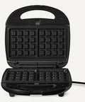 Amazon Basics 3 in 1 Sandwich Maker Panini Press With Removable Ceramic Coated Plates Space Saving Design 760W open waffle maker with nonstick plates.