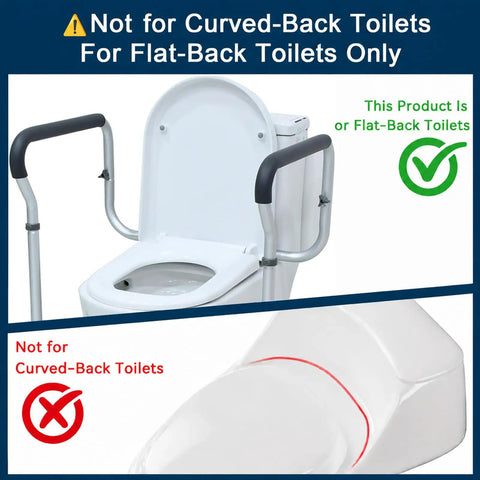 Sturdy As Nails Aluminum Toilet Safety Handle showing support for flat-back toilets with safety warnings for curved-back models.