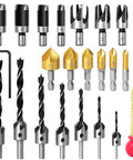 Heavy Duty 23 Piece Woodworking Drill Set Featuring Kickass Chamfer Countersink Bits And Wood Plug Cutters Crafted From High Speed Steel that includes various drill bits and chamfer tools.