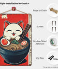 Vintage Cat In Ramen Bowl Metal Tin Sign 8x12 Inch Wall Art For Home Office Garage Decor, Quirky Kitchen Poster displayed with installation options.