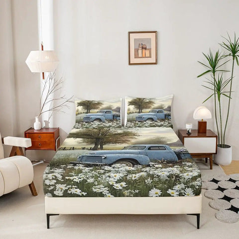 Farmhouse Queen Size Bed Sheets Set With Floral White Flowers And Blue Car Print in cozy bedroom scene