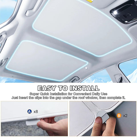 Installed Fannasi roof sunshades for Tesla Model 3; full-coverage sunroof shade with light-blue edge outlines.