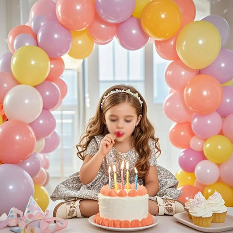 Balloon arch stand with base; pastel pink, purple, yellow balloons form a birthday backdrop behind a girl at a cake.