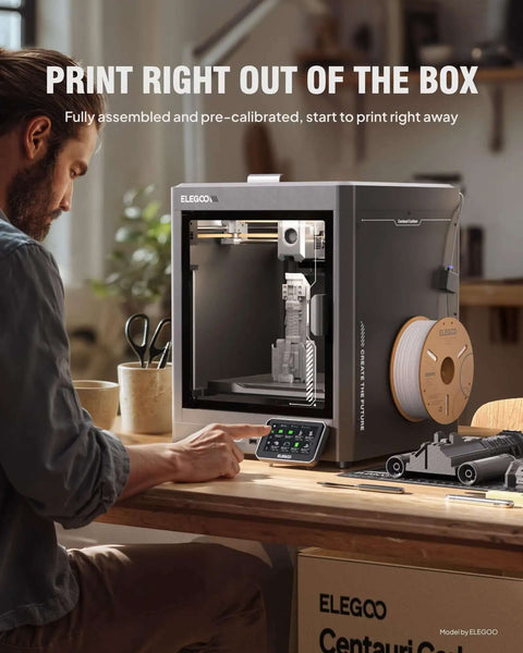 Centauri Carbon CoreXY 3D Printer With Auto Calibration 320C Nozzle Built In Camera, side view on desk, ready to print