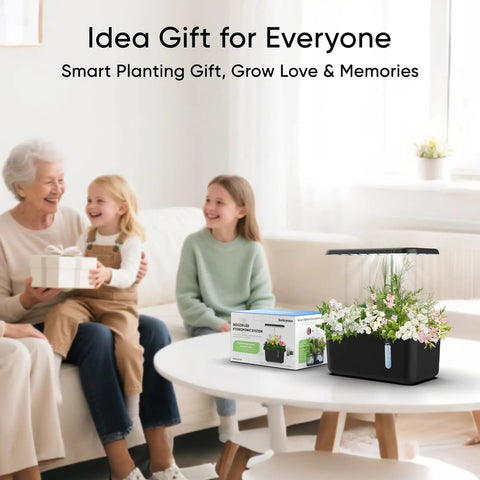 Indoor Hydroponic Garden System With Full Spectrum LED Grow Light And Quiet Smart Water Pump, 5 Pods, seen on a table.