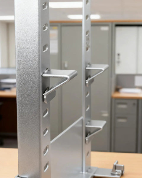 Heavy Hitter 18 Piece Silver Steel Shelf Clip Kit with clear view of adjustable brackets mounted on pilaster strips.