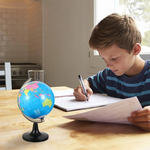 Large Desktop World Globe With Stand For Adults High Definition Geographic Tabletop Globe in home setting with boy studying
