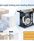 Heavy Duty Right Angle Labeler With Slick PLC Touch Screen And Hassle Free Width Adjustments For Snappy Cosmetic Food And Electronics Box Work That Runs Smooth On Two Point Five To Three Centimeter Rolls Daily showcasing a sealing machine with labeled boxes.