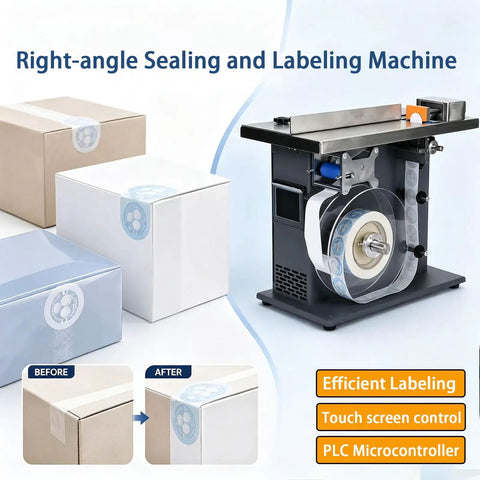 Heavy Duty Right Angle Labeler With Slick PLC Touch Screen And Hassle Free Width Adjustments For Snappy Cosmetic Food And Electronics Box Work That Runs Smooth On Two Point Five To Three Centimeter Rolls Daily showcasing a sealing machine with labeled boxes.