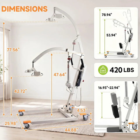 2-in-1 Electric Patient Lift For Seniors With 420 Lbs Capacity dimensions and measurements displayed on a light background.