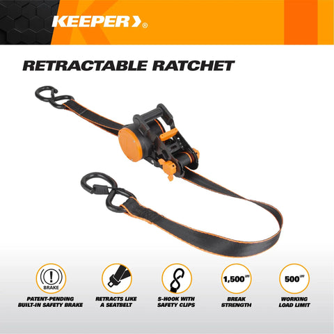 Heavy Duty Retractable Ratchet Tie Down Straps One Inch By Ten Feet Five Hundred Pound auto retract with safety brake and hooks