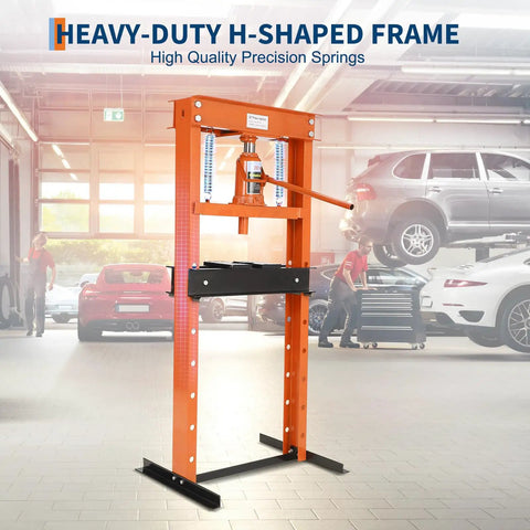 12-Ton Hydraulic Shop Press For Benchtop Use, Heavy Duty H-Frame Pneumatic Press With Adjustable Height in garage setting