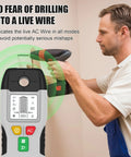 Person using a 6 in 1 Stud Finder Wall Scanner, Electronic Center and Edge Detector with HD LCD Display and Audio Alarm to detect live AC wire.