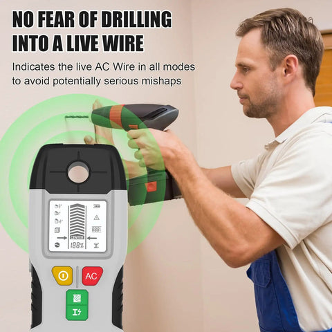 Person using a 6 in 1 Stud Finder Wall Scanner, Electronic Center and Edge Detector with HD LCD Display and Audio Alarm to detect live AC wire.