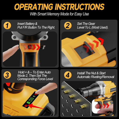 Step-by-step guide showing how to use Cordless Rivet Nut Gun For Dewalt 20V Max Battery With Auto Mode And Memory