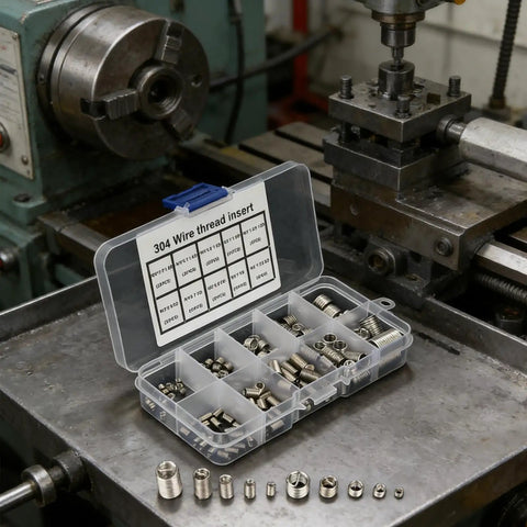 150-Piece 304 Stainless Steel Helical Thread Insert Kit for Metal Thread Repair on workshop table