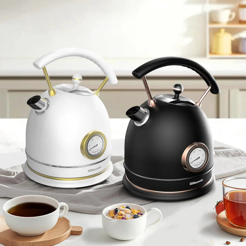 Retro Electric Kettle 1.8L Matte Black And Rose Gold Stainless Steel Body Fast 1500W with Temperature Gauge for Tea and Coffee.