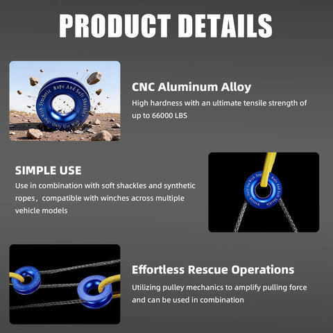 Beefed Up Winch Snatch Recovery Ring For ATV UTV SUV Off Road Trucks Aluminum Alloy With 66000 Pound Breaking Strength Rust Proof And Wear Resistant Rescue Gear For Easy Vehicle Recovery, blue CNC aluminum alloy ring with synthetic rope