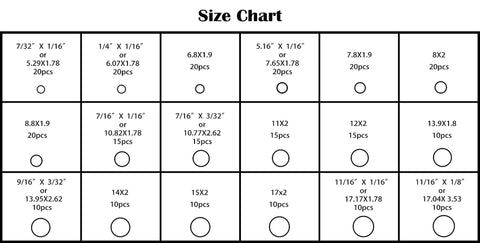 Size chart for 270 Piece O Ring Kit For Car Air Conditioning With 18 Sizes Made Of NBR Rubber Seals For Compressor And AC Gasket Assortment.