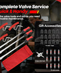Beefy 38 Piece Tire Spoons Tool Set For Motorcycles Dirt Bikes And Lawn Mowers displayed with valve tools and red storage bag.