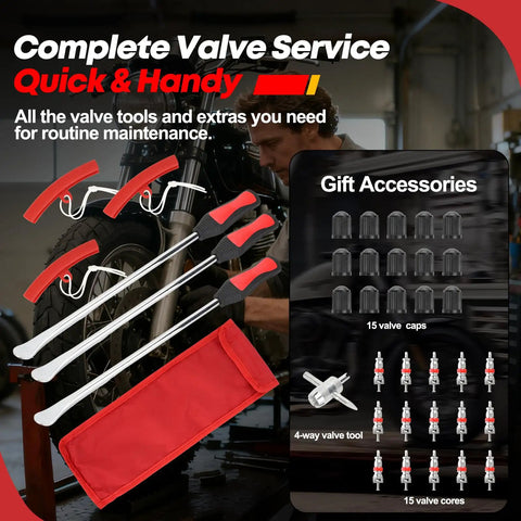 Beefy 38 Piece Tire Spoons Tool Set For Motorcycles Dirt Bikes And Lawn Mowers displayed with valve tools and red storage bag.