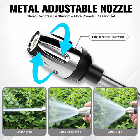 Transform Your Hose Into A High Pressure Water Jet With This Heavy Duty Garden Hose Nozzle, showing metal adjustable nozzle and spray types.